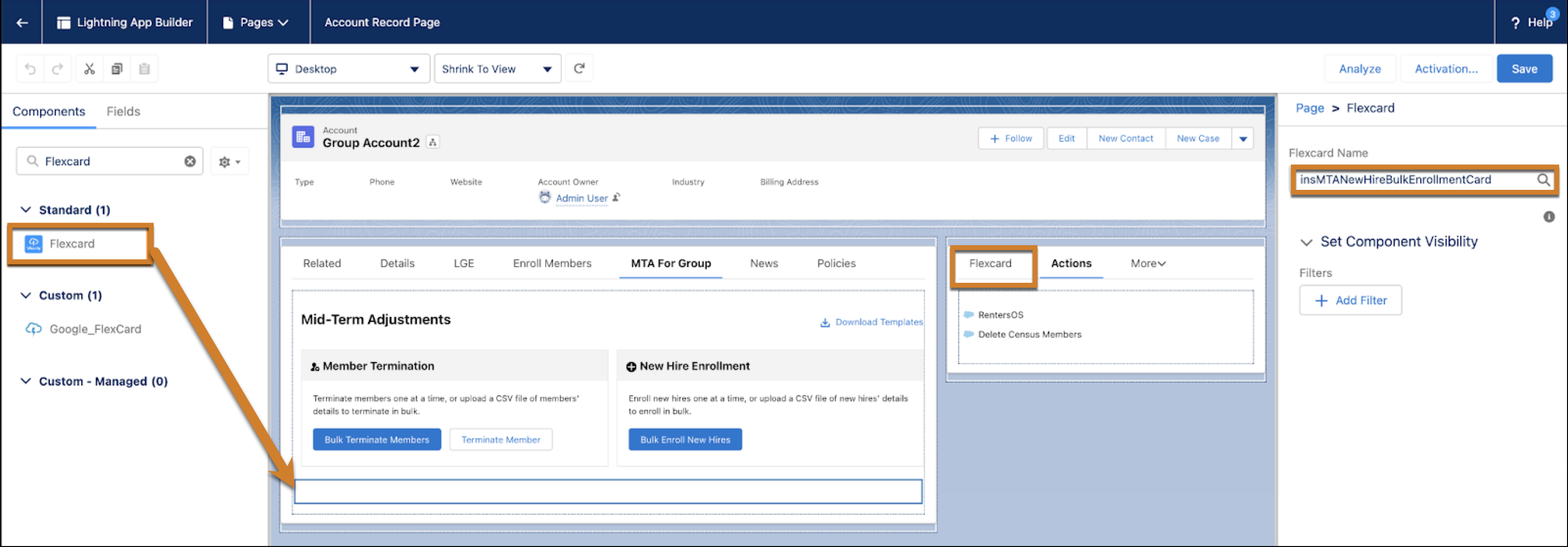 FlexCard Component added to the Account Page and FlexCard Name field updated with the OmniScript Name.