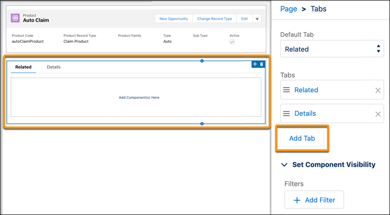 ​Tabs​ component and Add Tab​​ button highlighted