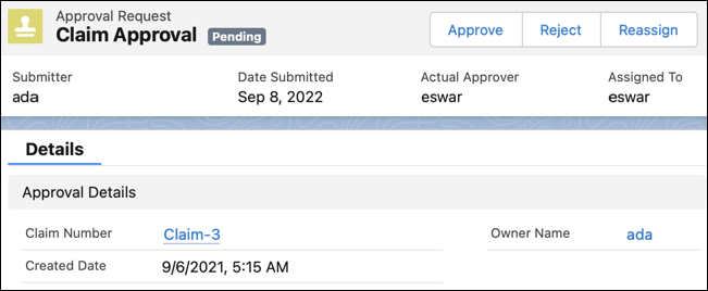 Pending approval request for a claim