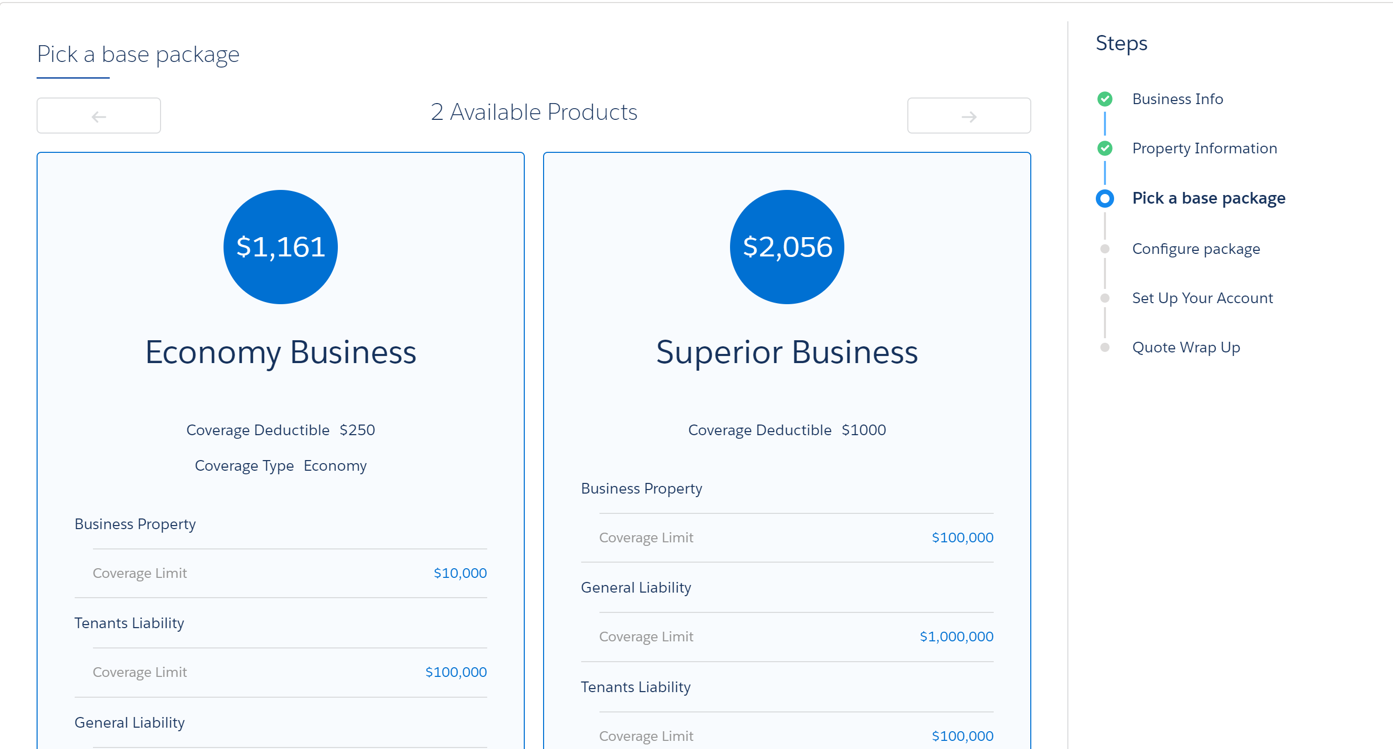 Illustrates the screen to select the business owners product.