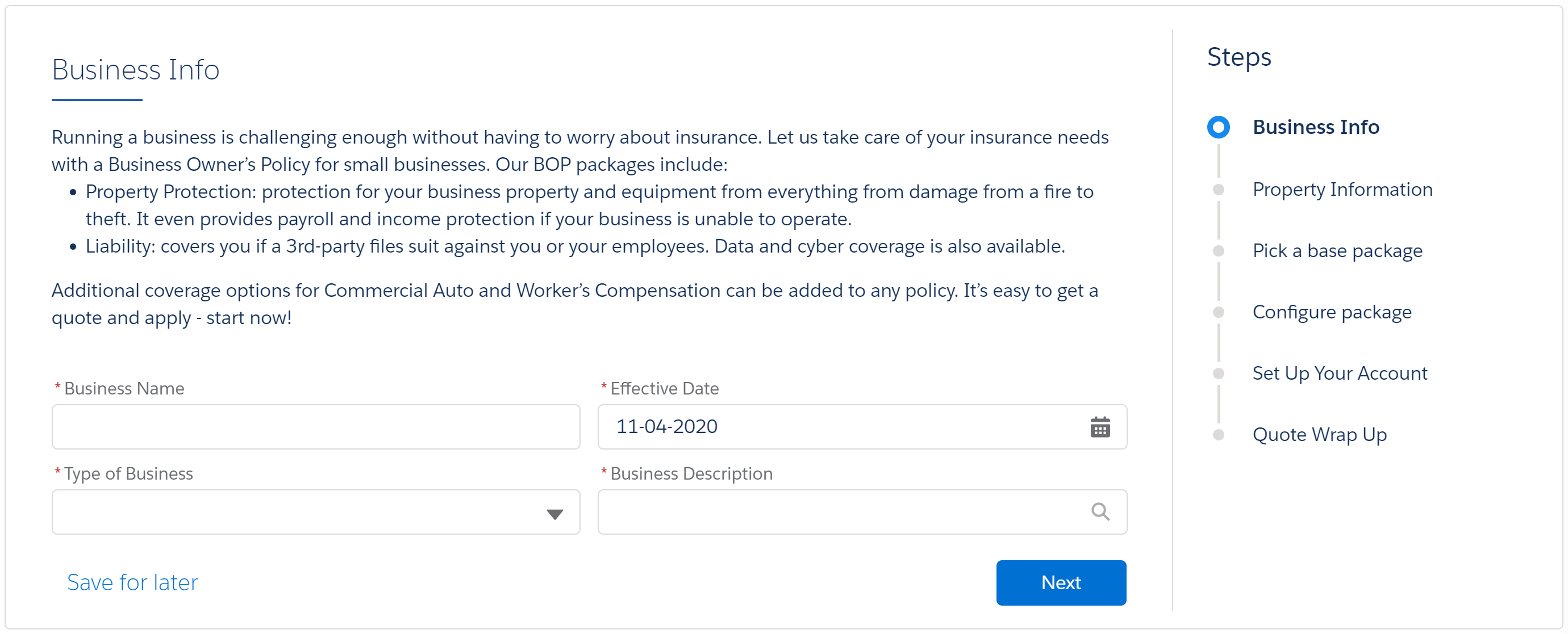 Illustrates the intro screen in the Business Owners quote workflow.