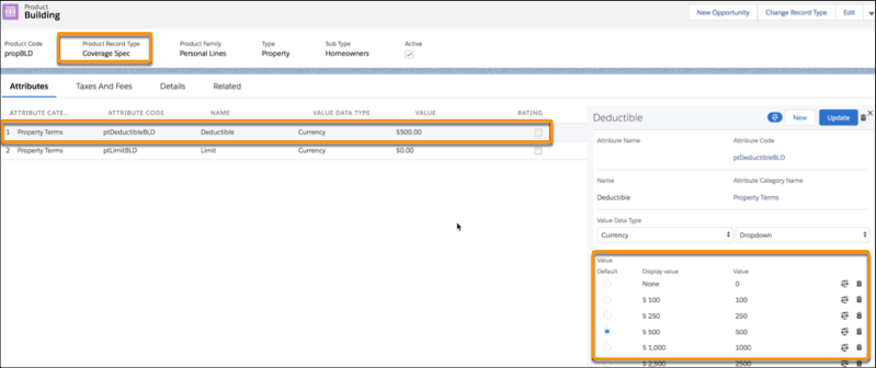 Coverage spec with Deductible attribute highlighted