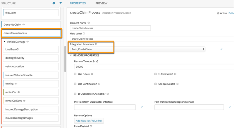 The createClaimProcess Integration Procedure Action.