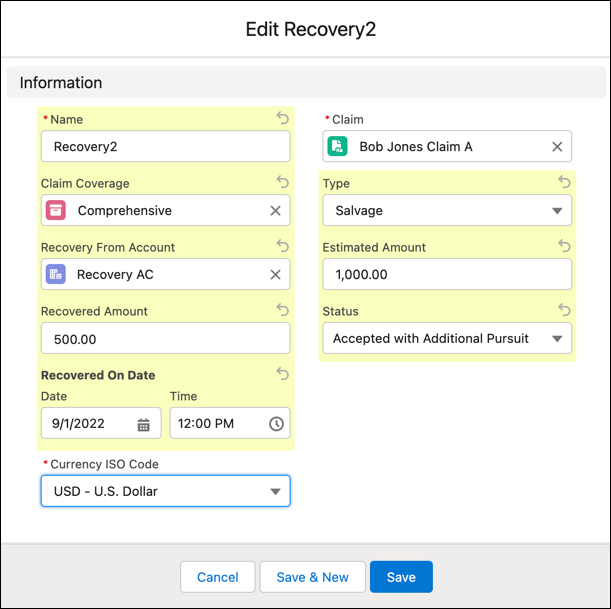 Edit Claim Recovery editor with a recovered amount