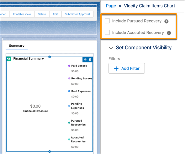 Claim page in Lightning App Builder with Vlocity Claim Items Chart settings highlighted