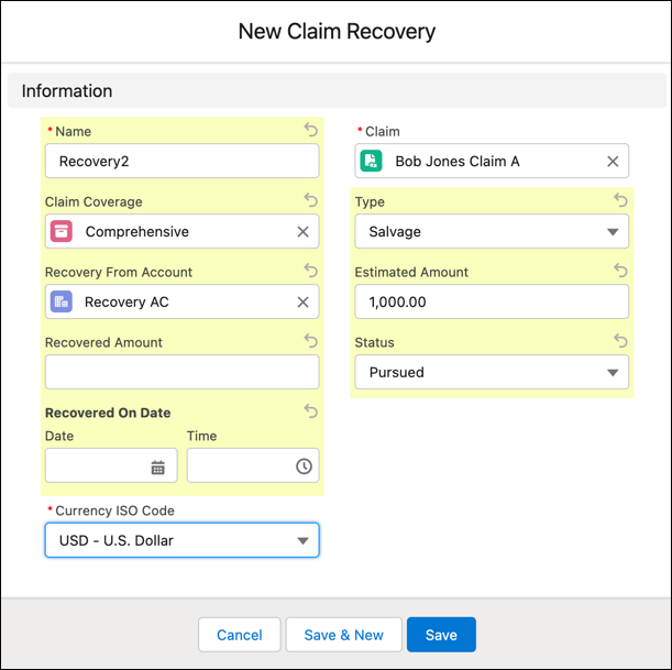 New Claim Recovery editor with a pursued recovery amount