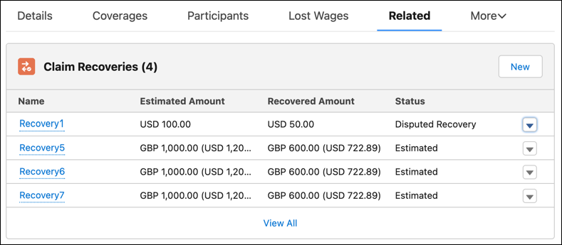 Claim Recoveries related list on a claim with four claim recoveries
