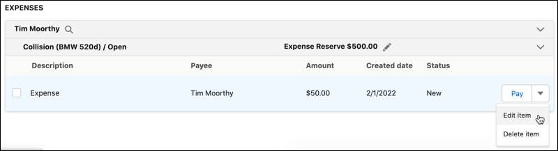 Expense item with the action dropdown menu next to the Pay button expanded