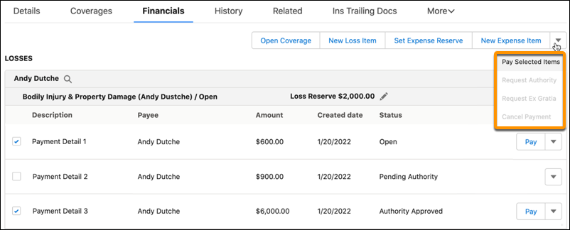 Multiple payment details selected with an option to pay them all