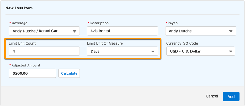 New Loss Item for rental car coverage with custom fields Limit Unit Count and Limit Unit of Measure