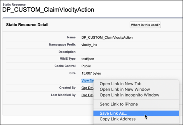 The DP_CUSTOM_ClaimVlocityAction static resource.