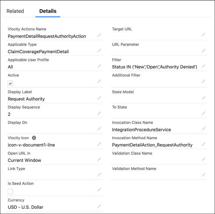 Example of a configured PaymentDetailRequestAuthorityAction​ payment action
