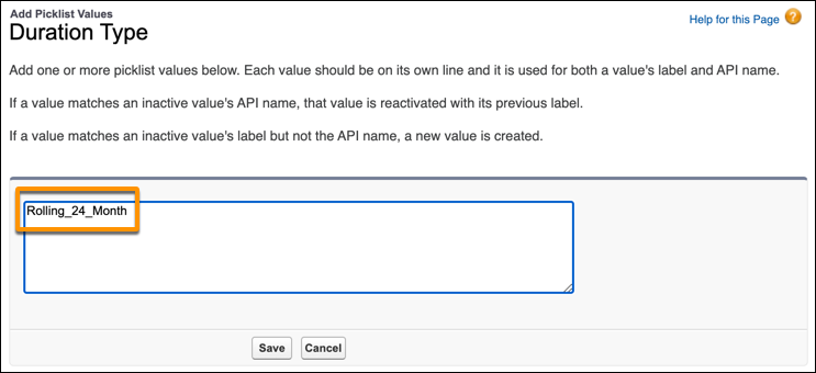Rolling_24_Month value in Add Picklist Values window for Duration Type