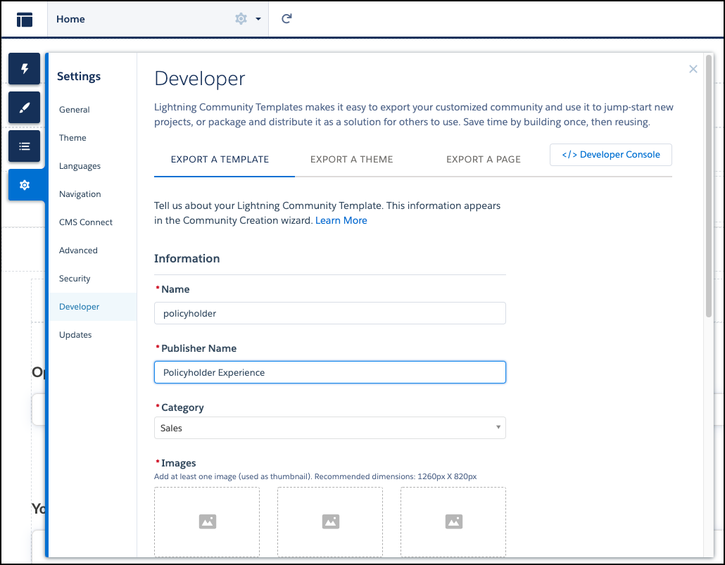 Illustrates the Export a Template tab.