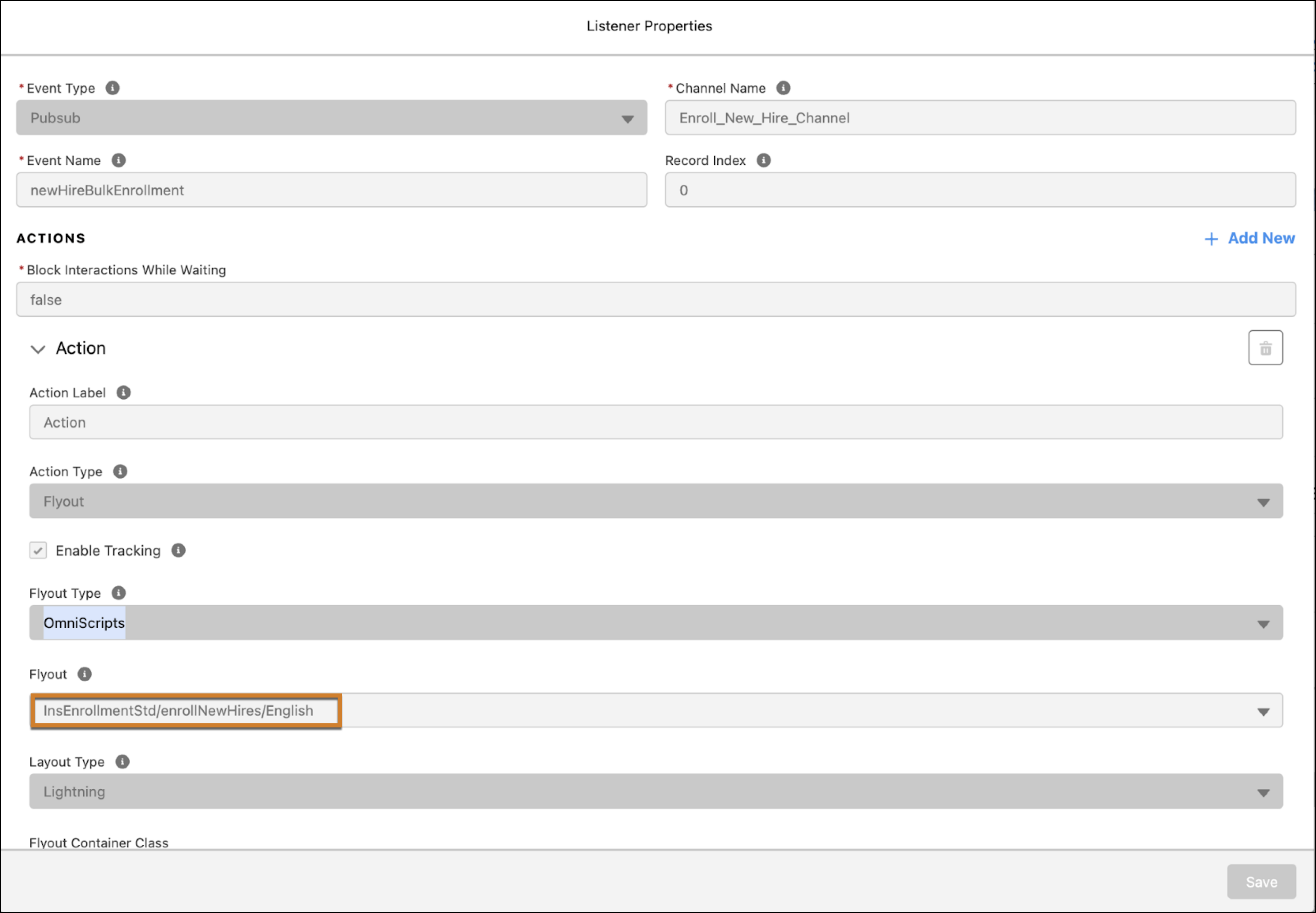 Listener Properties with the New Hire Enrollment OmniScript name in the Flyout field.