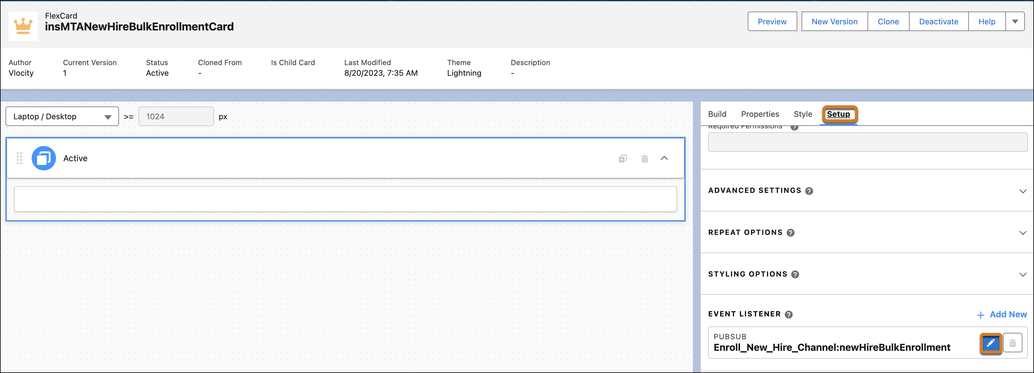 FlexCard Page with the Setup tab and its options highlighted.