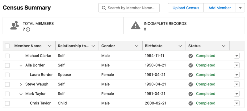 Uploaded census member grid