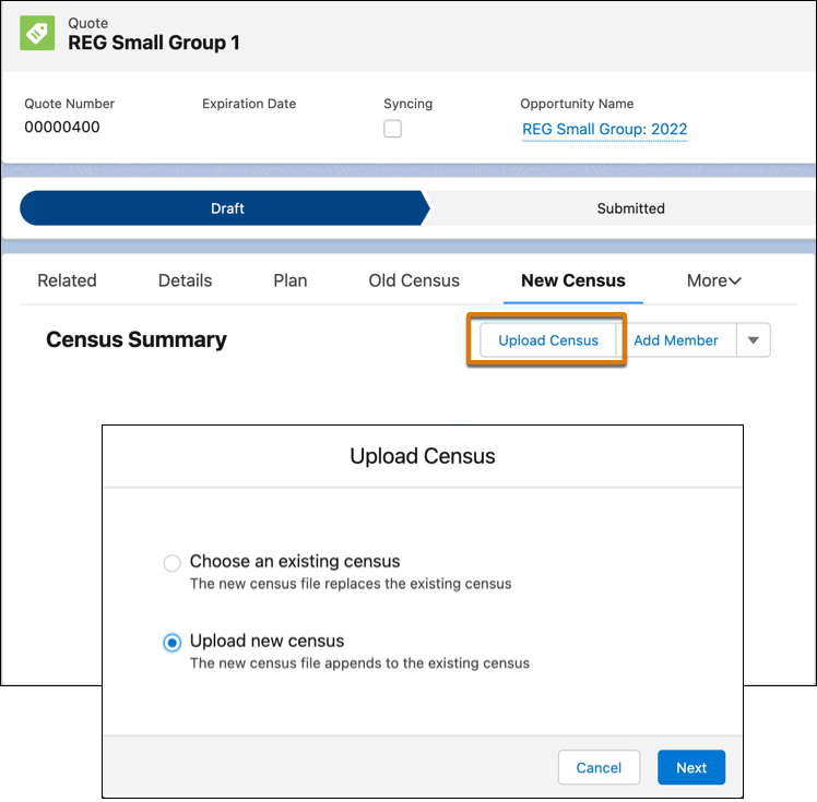 Upload Census button on a Quote page with Upload New Census option selected