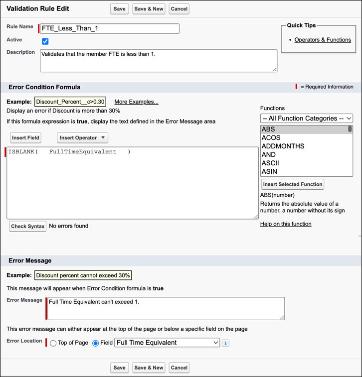 Validation Rule editor for the Full Time Equivalent rule