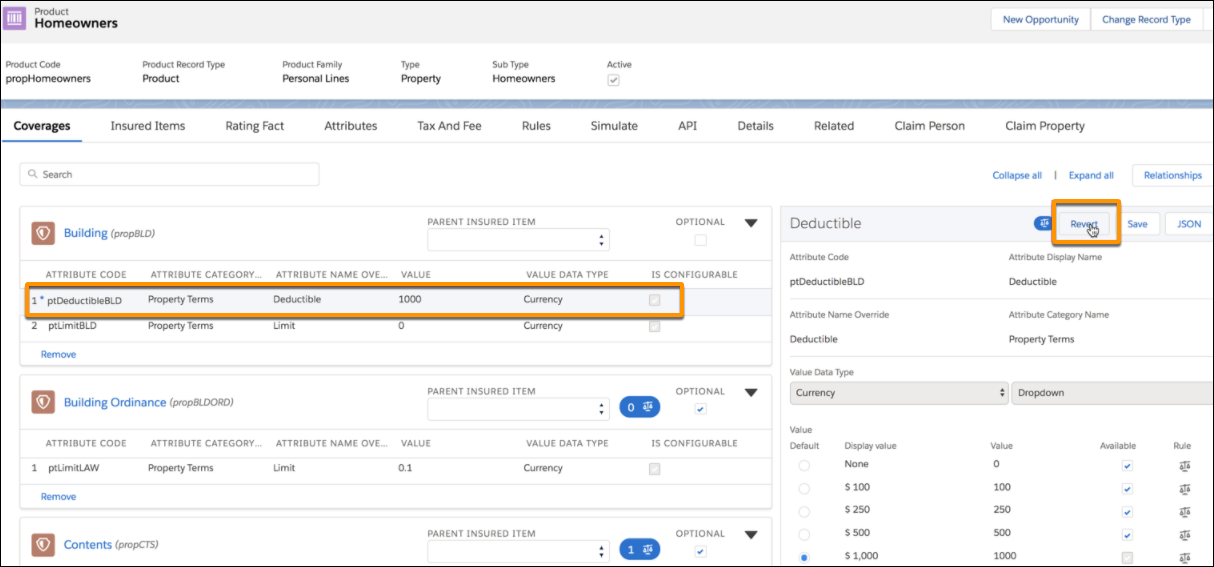 Revert button on Deductible attribute highlighted