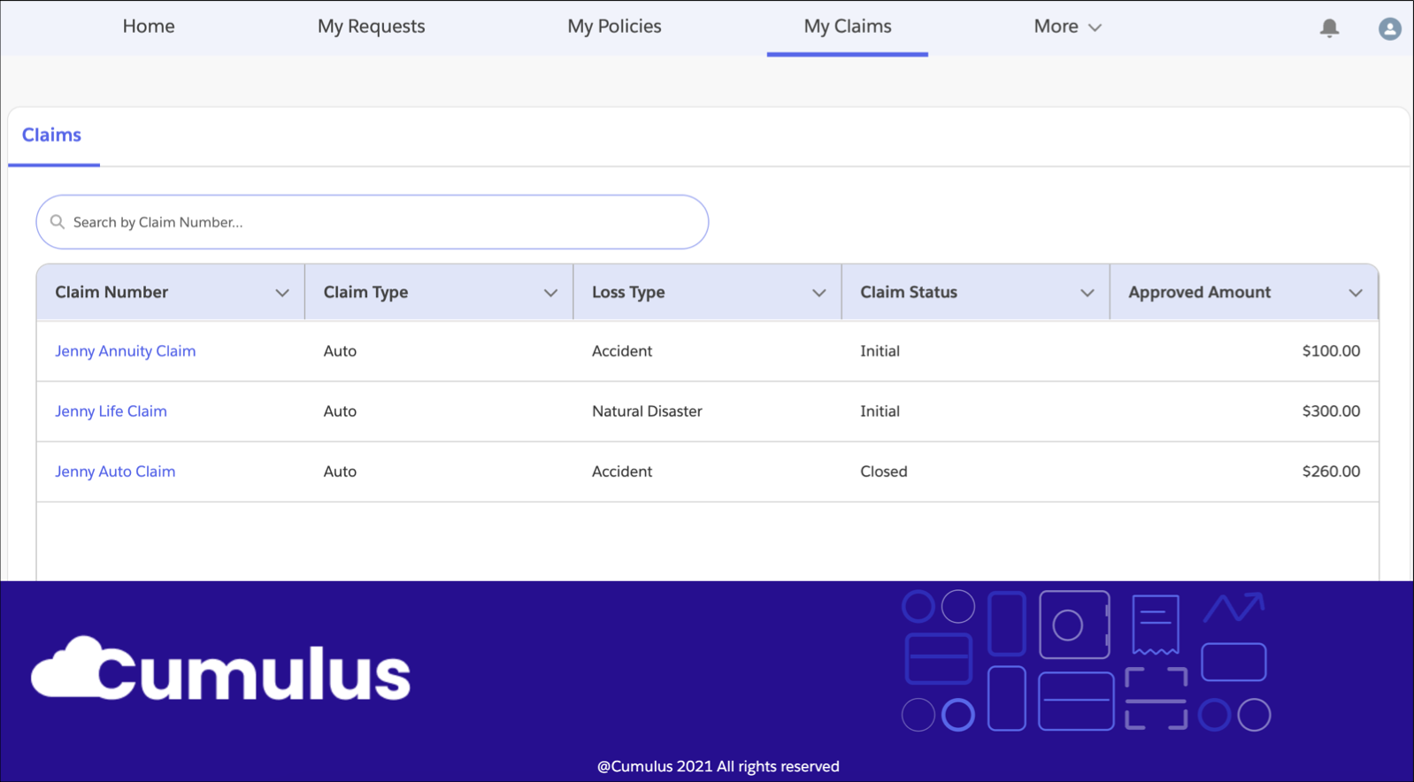 My Claims page of the Insurance Policyholder Portal