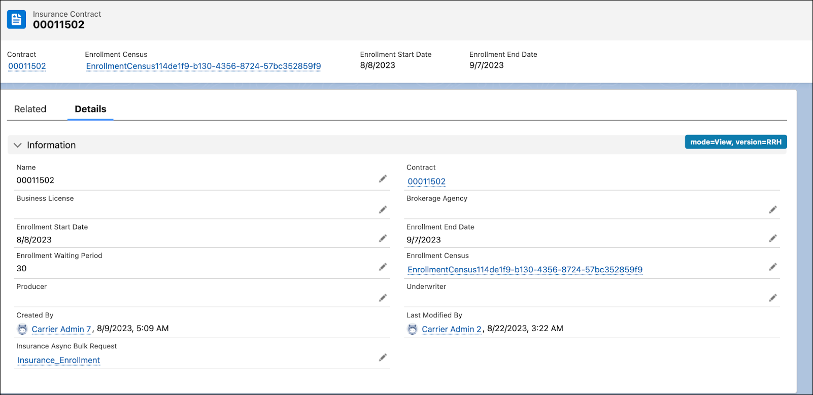 Insurance Contract page with the Request ID link in the Insurance Async Bulk Request field and the Census ID in the Enrollment Census field