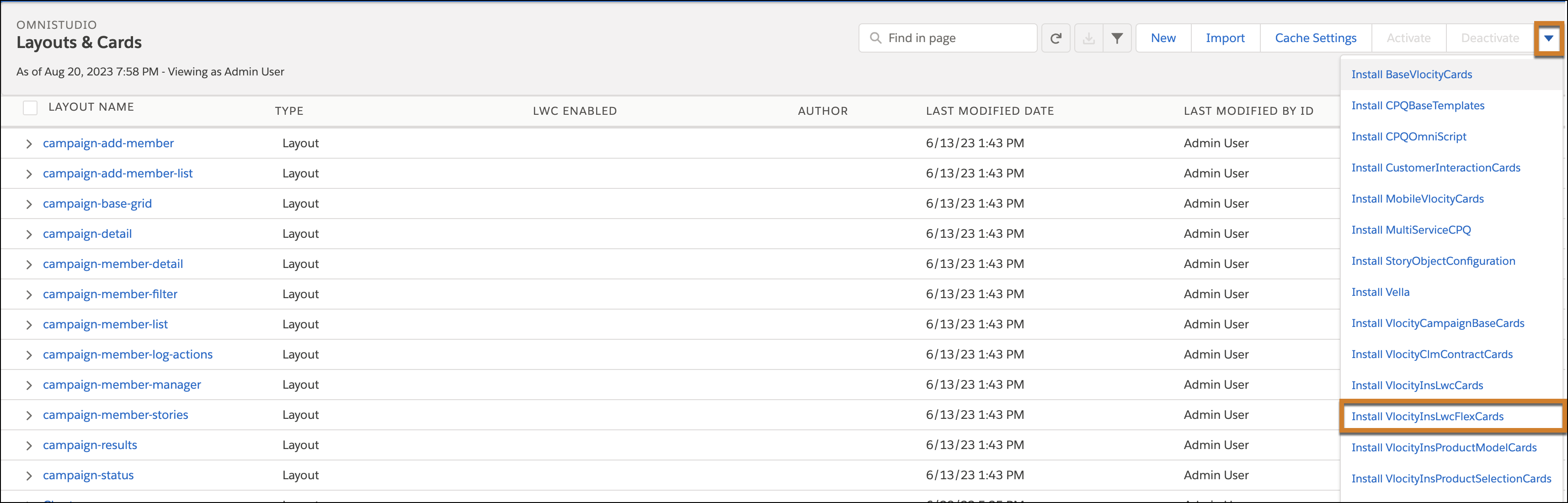 Selection of Install VlocityInsLwcFlexCards from the action menu of Layouts and Cards