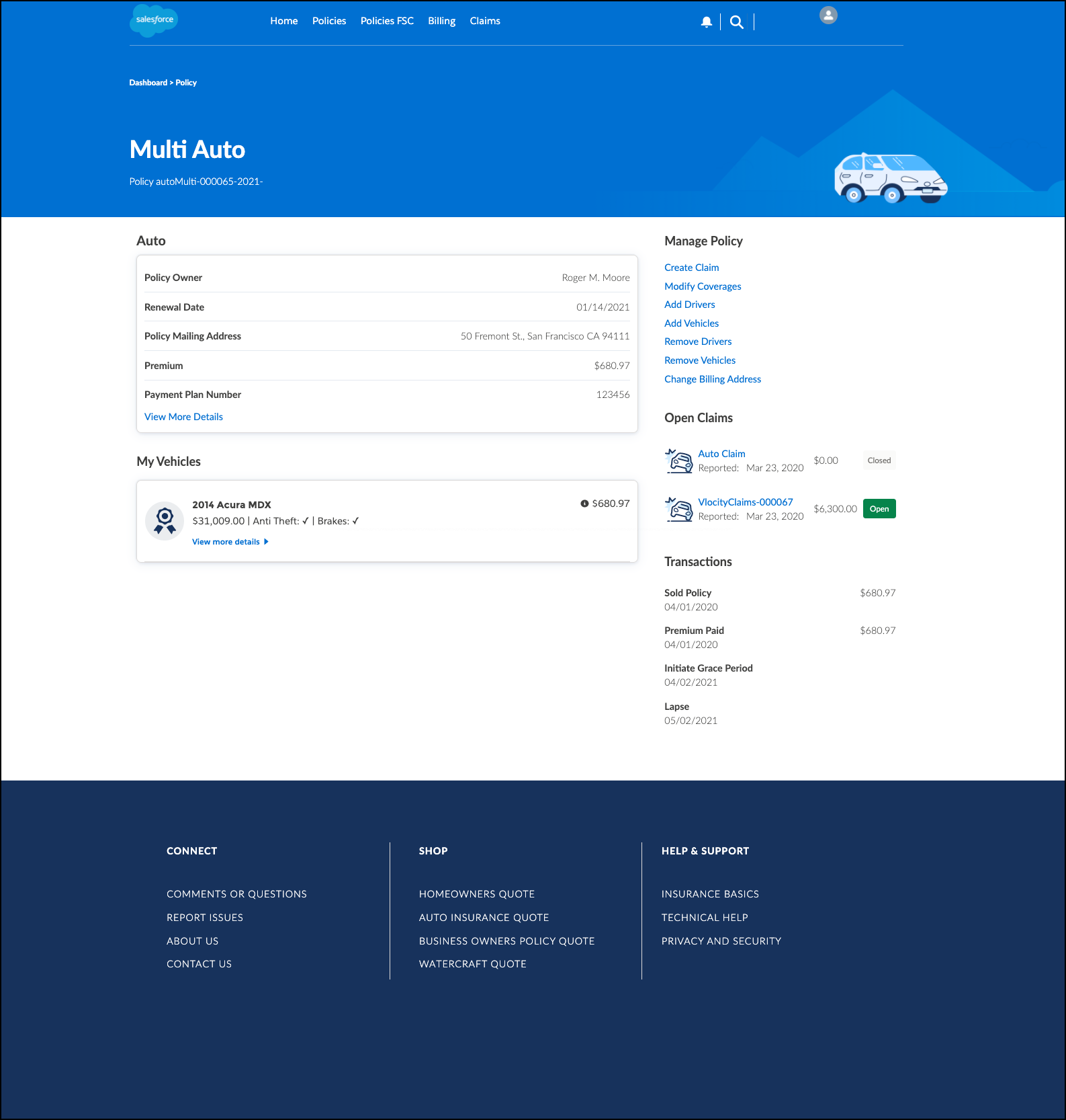 The Policies page of the Policyholder site template.
