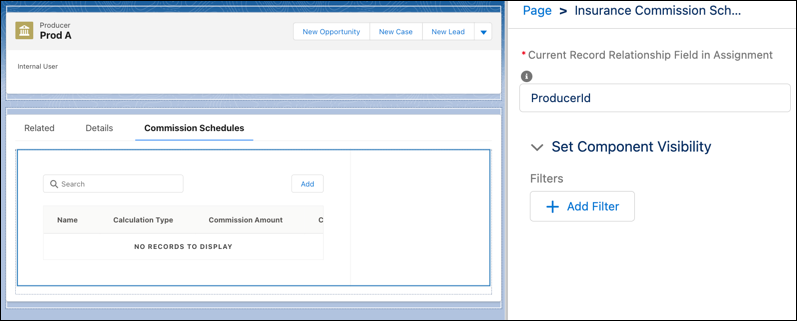 Commission Schedules tab with component property defined as ProducerId
