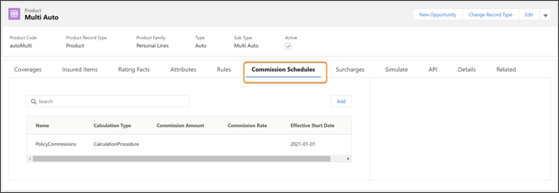 Illustrates the Commissions schedule for products.