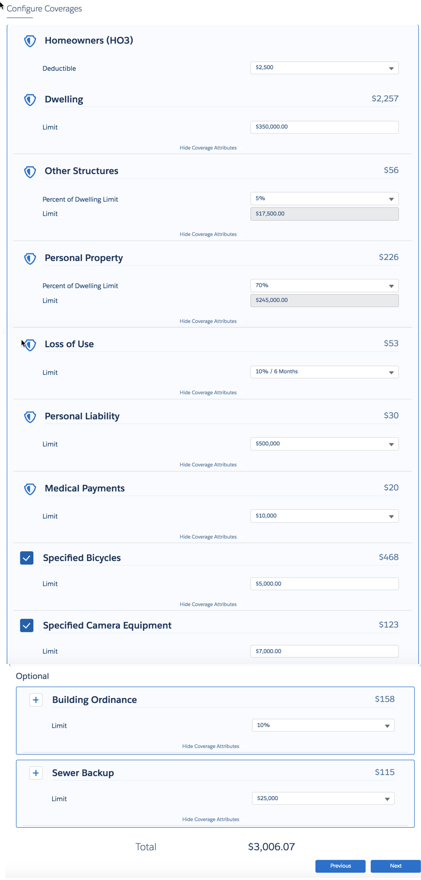 Illustrates the Configure Coverages screen.