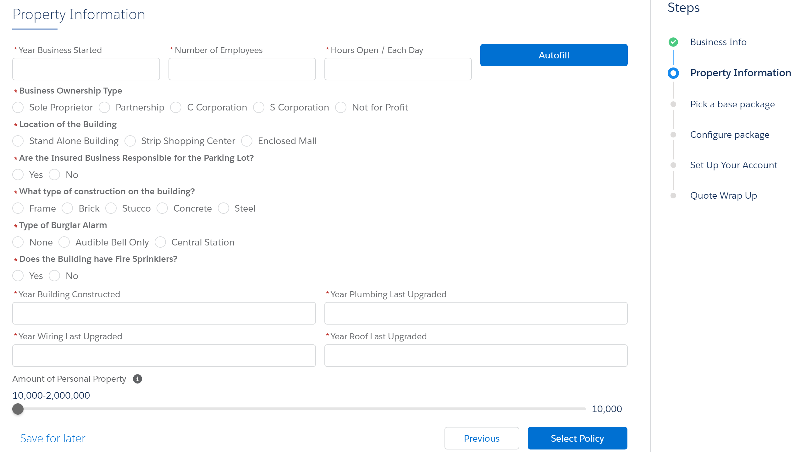 Illustrates the screen to enter property information.