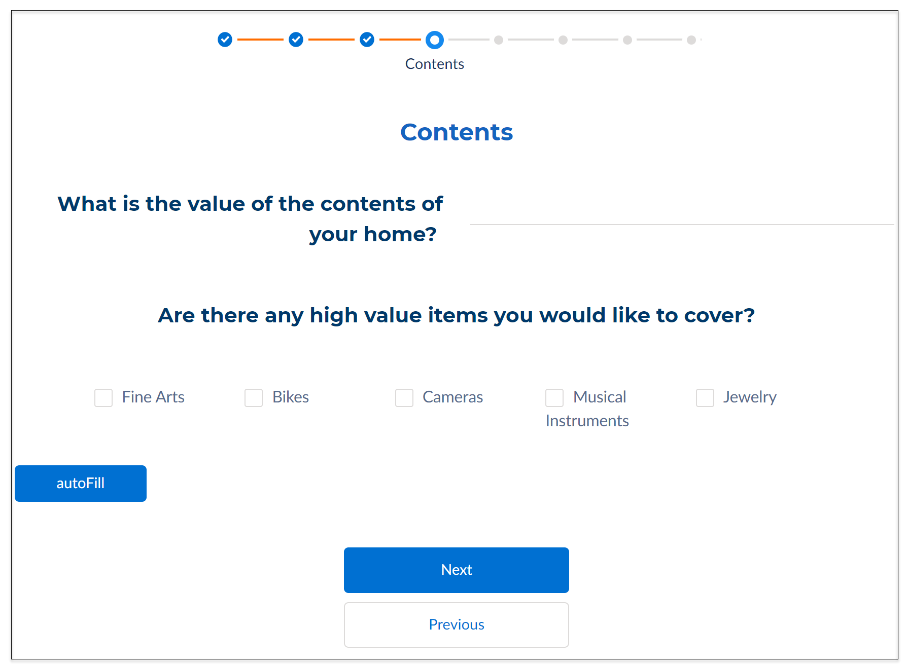 Illustrates the screen to enter details of the contents of the home.