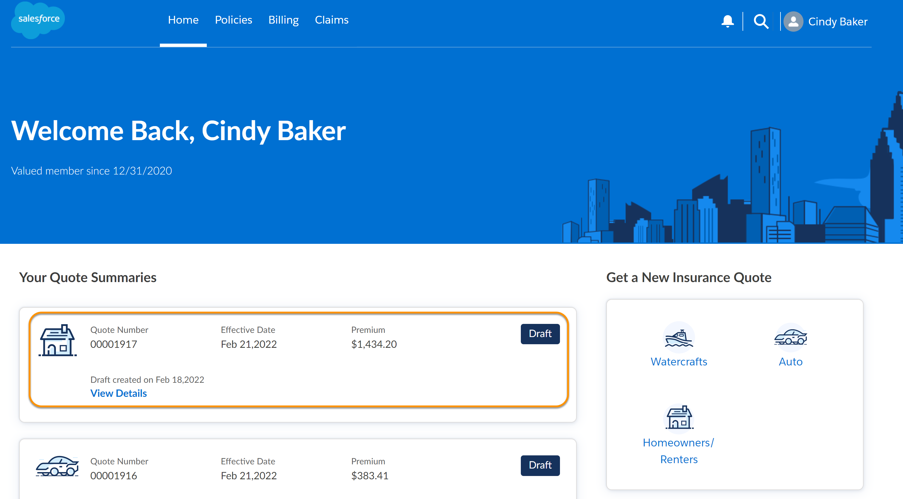 Illustrates the newly created quote on the policyholder's Home page.