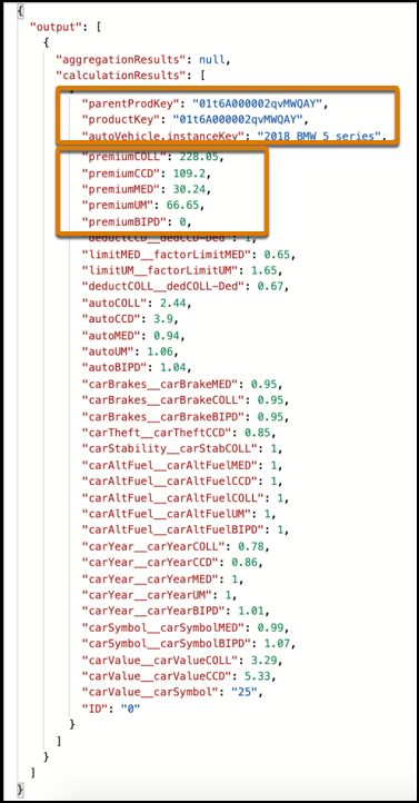 Output JSON from an expression set with calculated premiums for coverages highlighted