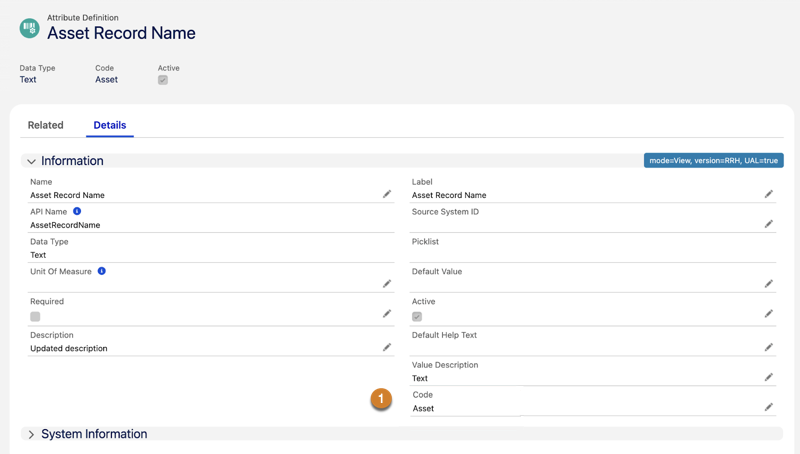 Example of changing the Code field on an attribute definition to match the object's API name, in this case Asset.