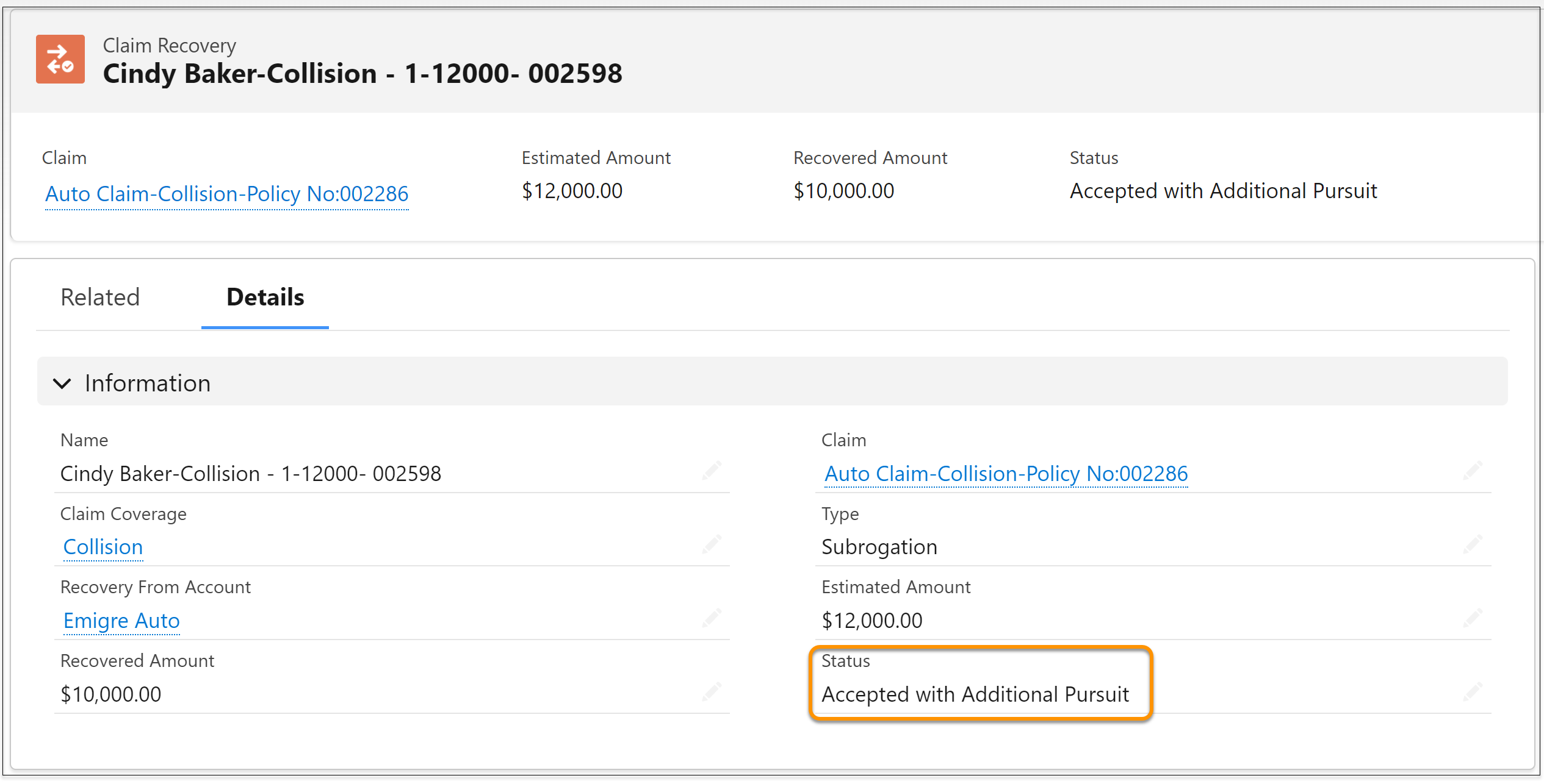 The Accepted with Additional Pursuit status.