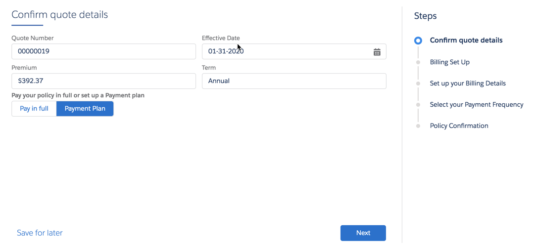 The Payment Plan option selected.