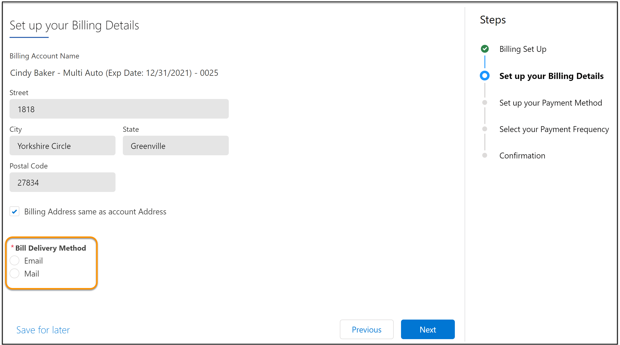 The Bill Delivery Method options.
