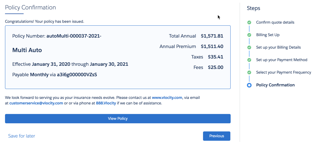 The Policy Confirmation screen.