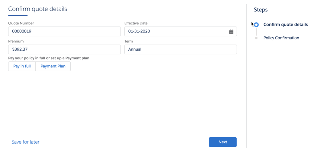 The Confirm quote details screen.