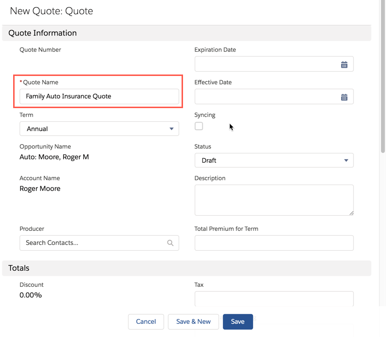 Illustrates the location of the Quote Name field.