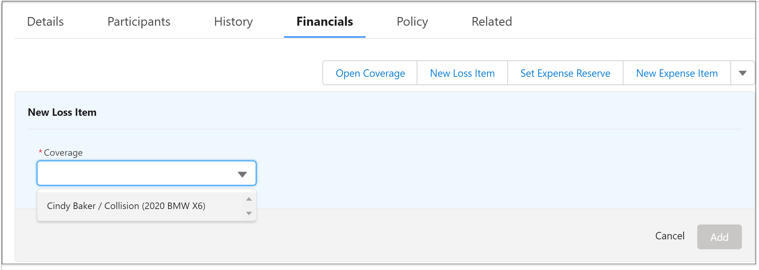 The Coverage field on the Financials tab.