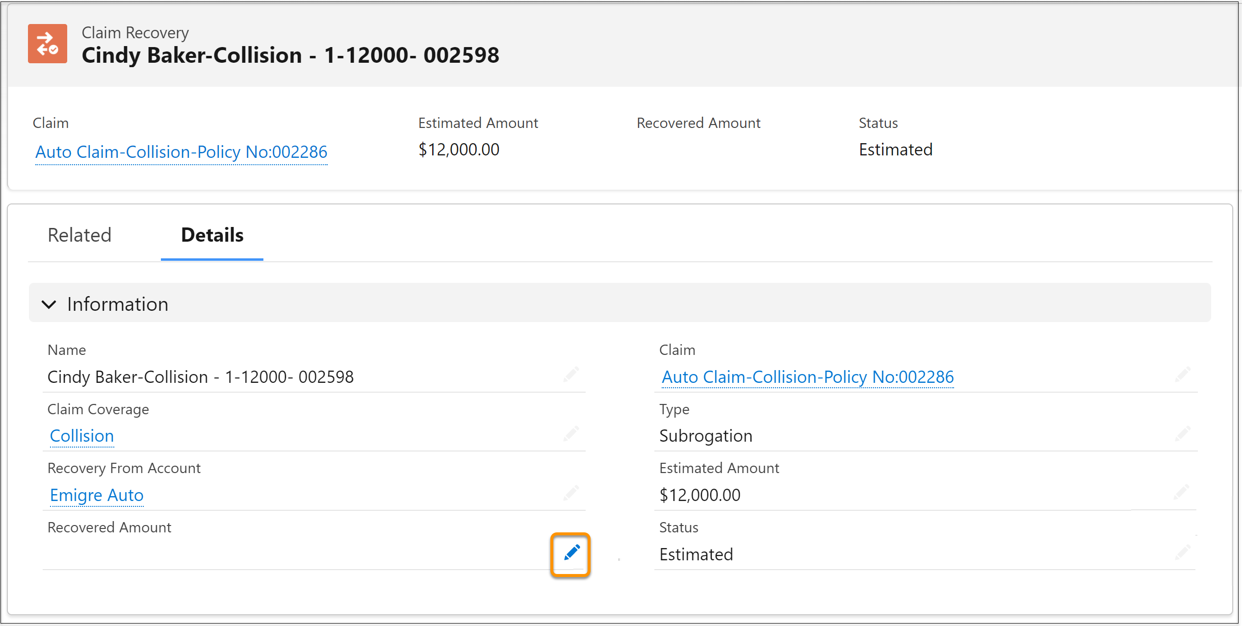 The Claim Recovery record.