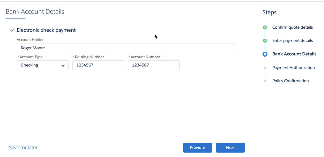 The Bank Account Details screen.