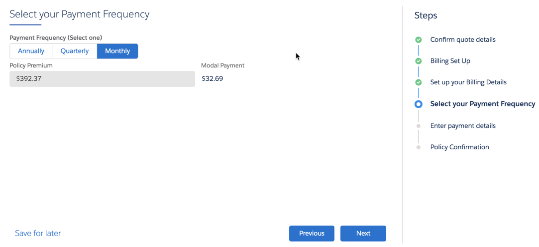 The Select your Payment Frequency screen.