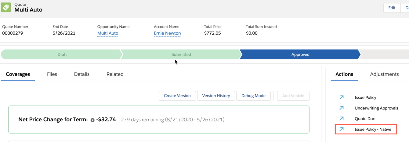 Illustrates the Issue Policy - Native button.