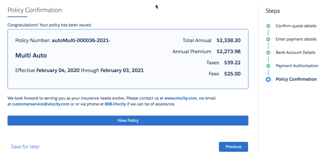 The Policy Confirmation screen.
