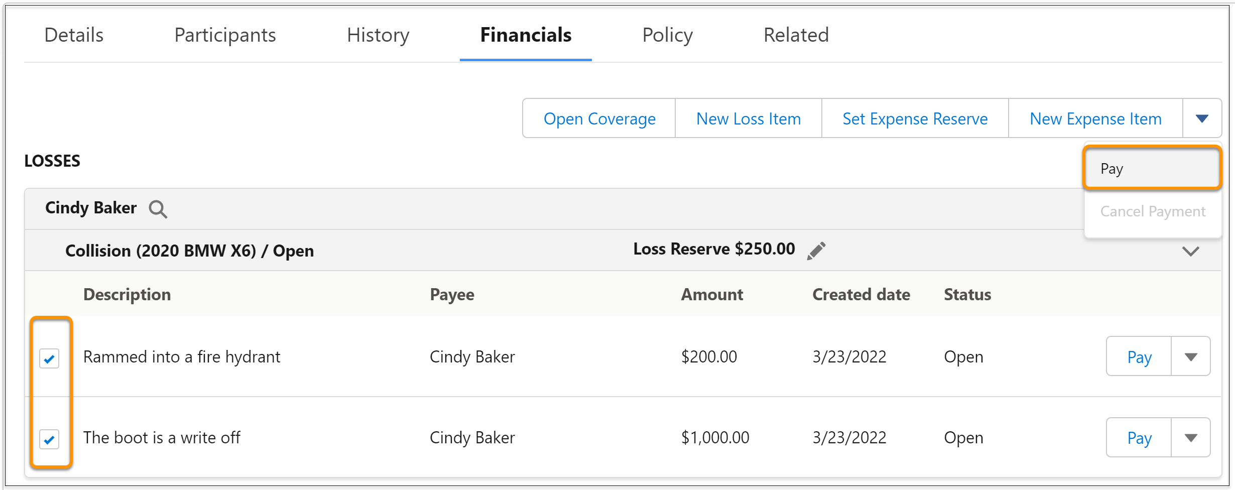 The options to pay multiple items.