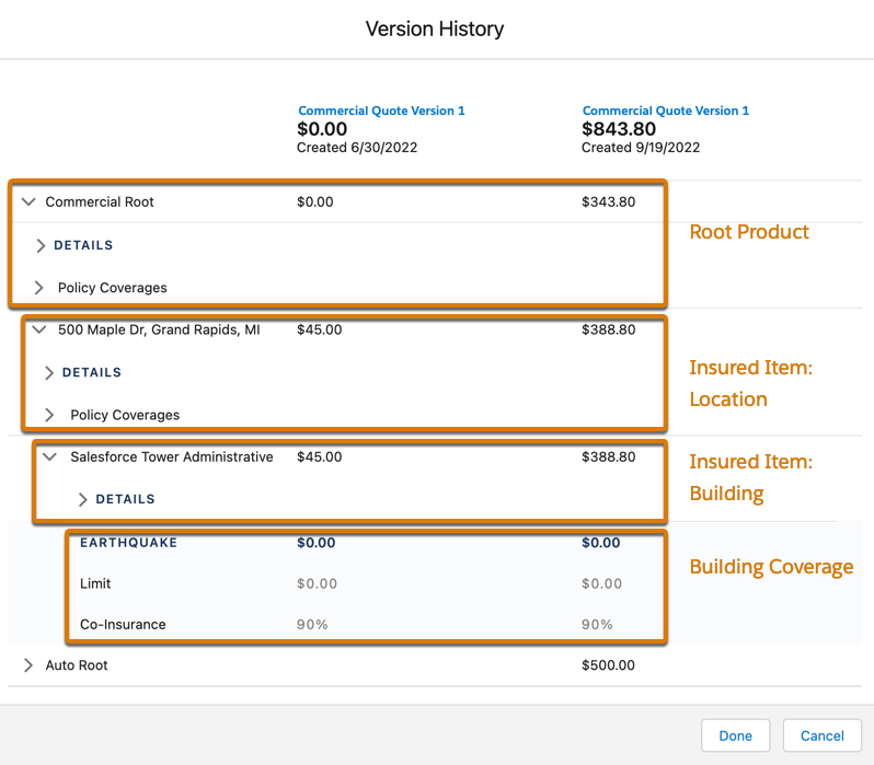 Version History that compares two versions of a quote with multiple levels of insured items and coverages